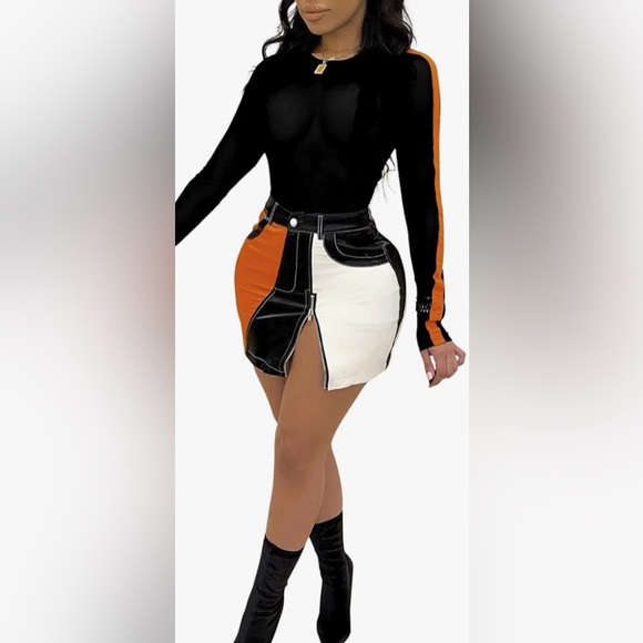 Sexy color block mini dress. Geometric: orange, black, white. Stretchy. M-L - Picture 2 of 15